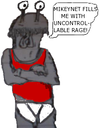 An angry cartoon alien, arms crossed, shouting that Mikeynet fills him with uncontrollable rage